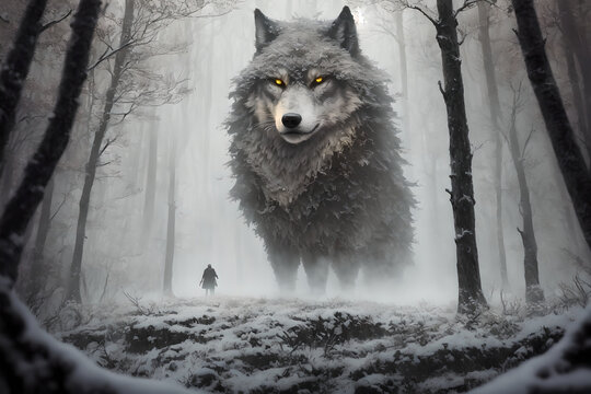 Giant wolf, warg Fenrir, looking at you trough snow covered trees in the northern forest at twilight. AI generated
