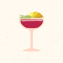 Margarita glass. Cocktail drink with rosemary and slices. Alcohol drink for event and celebration. Smoothie non-alcoholic for bar. Flat vector illustration with texture