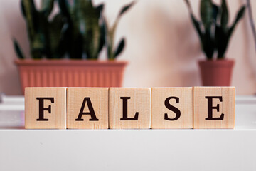 The word 'False' written on wood cube. Misleading information concept.