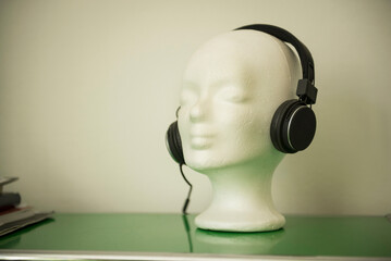 Close-up of mannequin wearing headphone, Munich, Bavaria, Germany