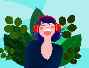 Pretty woman listening a music with red headphone on green leaf background