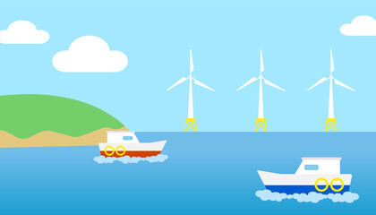 洋上風力発電と船のベクターイラスト[ Wind-power generation ] 