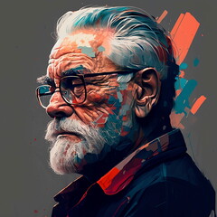 Portrait of an old man with a beard. Colorful illustration. Generative AI technology.