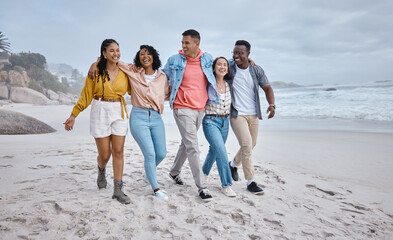 Happy, diversity and friends walking at the beach for holiday, vacation and people bonding on...