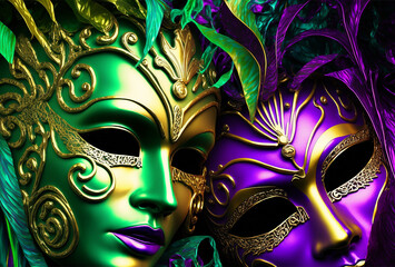 Colorful Mardi Gras Masks On Black. Generative AI