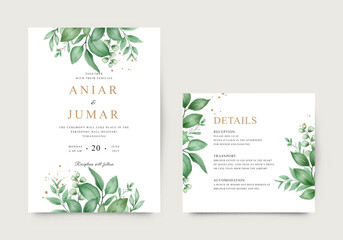 Elegant green foliage watercolor wedding invitation template