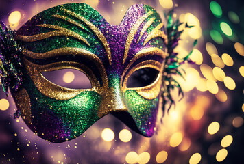 Mardi Gras Mask With Bokeh Lights Background. Generative AI