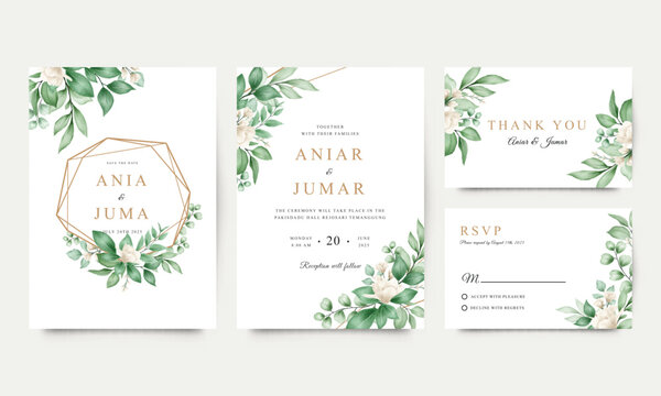 Elegant wedding invitation with watercolor flowers and leaves
