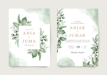 Elegant wedding invitation with watercolor green leaves