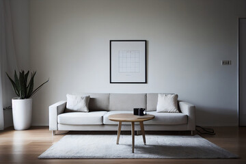 poster mock up in living room, grey sofa and stylish table. generative ai