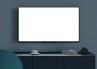 TV mock up. TV with blank white screen, hanging on the wall at home. Copy space for advertising, movie, app presentation. Empty television screen. Modern interior. 3D render.