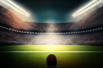 Illustration of american football stadium field with full of supporter crowd and empty blank space in the middle of green field in the middle. Generative Ai