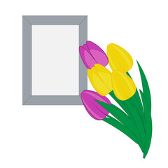 Vector image of a gray frame for a photo and a bouquet of flowers of yellow and lilac tulips on a white background. Graphic design.