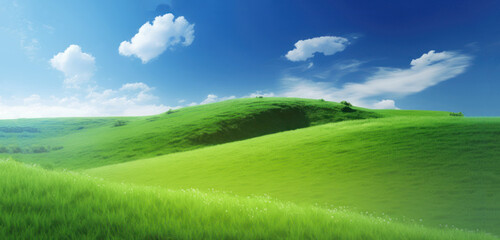 Fototapeta premium Spring landscape with green grass and blue sky. Grassland, hills and trees. Generative AI