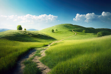 Fototapeta na wymiar Spring landscape with green grass and blue sky. Grassland, hills and trees. Generative AI