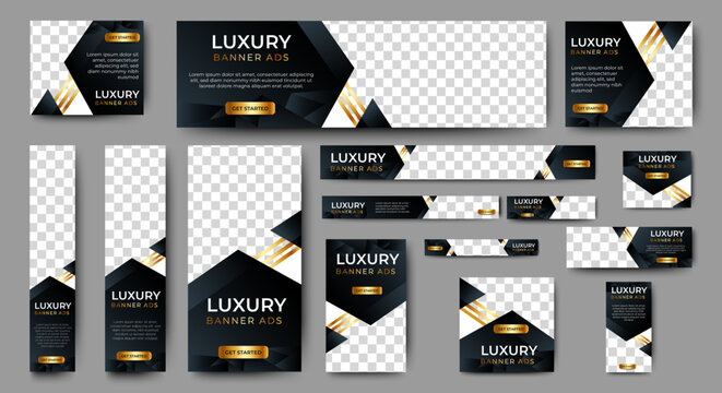 Black and gold Banner templates set with standard size for web. Business banner with place for photos for Social Media, Cover ads banner, flyer, invitation card.	