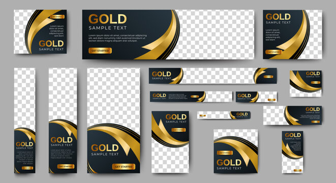 Black and gold Banner templates set with standard size for web. Business banner with place for photos for Social Media, Cover ads banner, flyer, invitation card.	