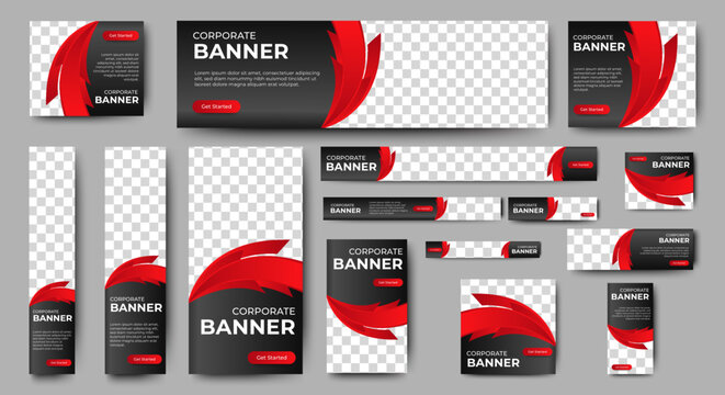 set of creative web banners of standard size with a place for photos. Gradient black and red. Business ad banner. Vertical, horizontal and square template.	