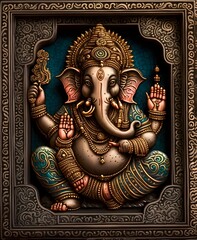 Lord Ganesha, the celebration of Ganesh. Indian hindu god ganesha, antique colorful inlay art - obrazy, fototapety, plakaty