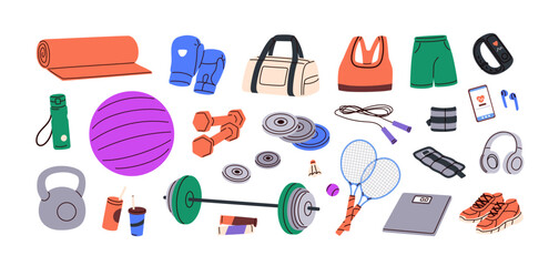 Sport equipment set. Gym accessories, training items, workout stuff, sportswear, athletic bag. Dumbbells, water bottle, fitness mat. Flat graphic vector illustrations isolated on white background