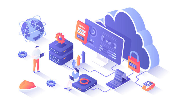 Cloud computing, data storage, database system. Cloud storage server, data backup and exchange. Secure communication process. Isometry illustration with people scene for web graphic.