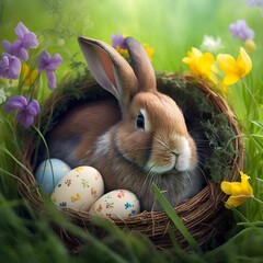 Cute easter bunny in basket on flower meadow with surrounded by colorful easter eggs and flowers