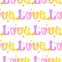 Seamless pattern with love text pink yellow color in Groovy style on white background