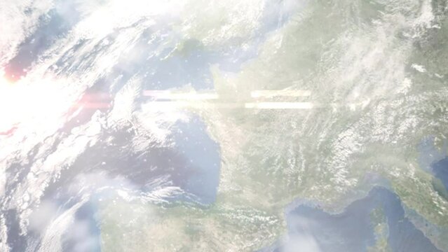 Earth zoom in from outer space to city. Zooming on Cholet, France. The animation continues by zoom out through clouds and atmosphere into space. Images from NASA