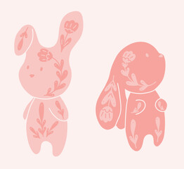 Vector set of cute decorated rabbits. Collection with cartoon pink hares with floral pattern.