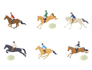 Set of riders and horses on the theme of horse hunting, vector flat illustration