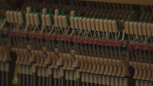 Piano internal mechanism in motion during performance. Static chot.