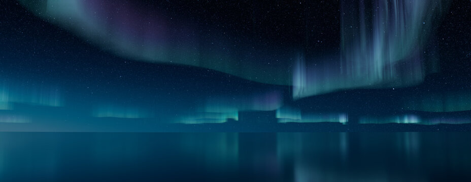 Aurora Sky reflected in Water. Green Northern Lights Wallpaper with copy-space.
