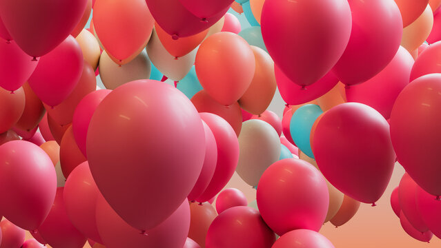 Fototapeta Coral, Orange and Aqua Balloons Rising in the Air. Fun, Party Background.