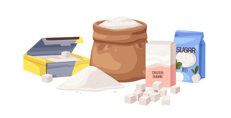 Beet granulated, refined and caster sugar packed in different packages. Sweet pieces, cubes in box, crumbs pile, heap in paper bag, sack. Flat cartoon vector illustration isolated on white background