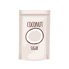 Organic coconut sugar in zipper bag. Alternative natural coco nut sweet, healthy tropical exotic sweetener ingredient in pouch package. Flat vector illustration isolated on white background