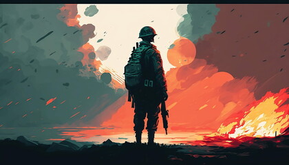 Fototapeta premium soldier standing alone after the war in battlefield