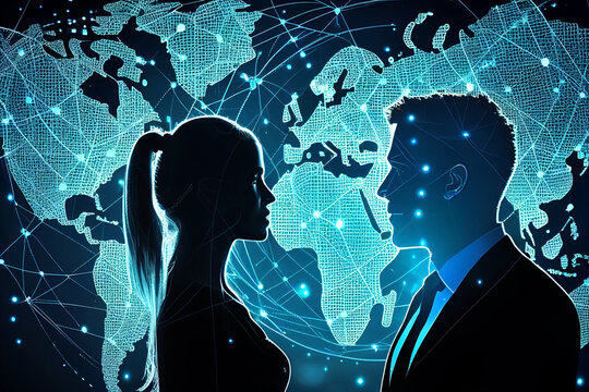 Man and woman on background of planet with designations of Internet communication. Concept of communication business technologies..
