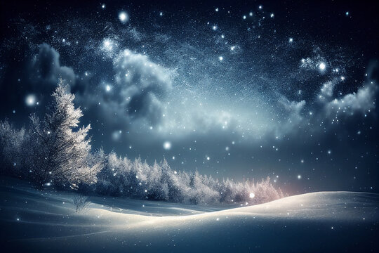 Winter background, sparkling falling snow against a dark blue sky and white snowdrifts