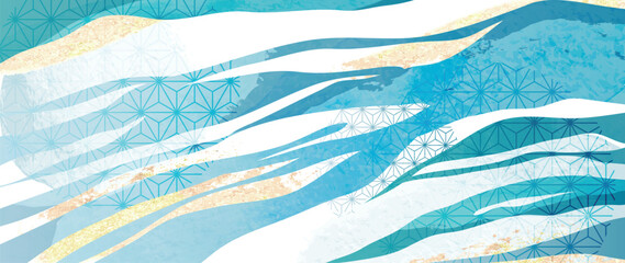 Obraz premium Luxury abstract line art background vector. Wallpaper design with watercolor and gold foil texture with japanese pattern line art background. Design illustration for home decoration, card, poster.