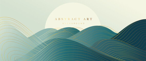 Luxury abstract line art background vector. Wallpaper design with elegant golden ocean wave line art pattern texture background. Design illustration for decoration, wall decor, card, poster, banner. © TWINS DESIGN STUDIO