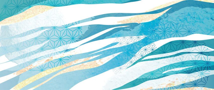 Luxury abstract line art background vector. Wallpaper design with watercolor and gold foil texture with japanese pattern line art background. Design illustration for home decoration, card, poster.