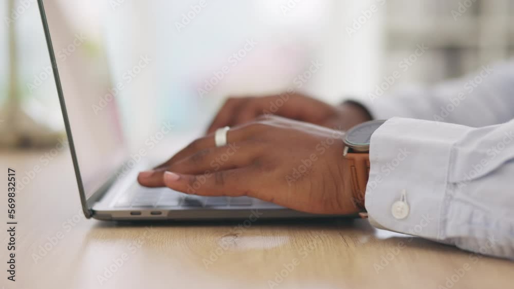 Poster Hacker, cyber security or black man hands on laptop for programming, coding or UX web designer software. Zoom, typing or programmer on tech for planning analytics, data analysis or strategy at work