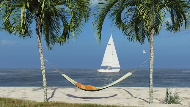 Palm trees in Paradise white sand beach, blue sky and sailboat in tropical sea in exotic island.