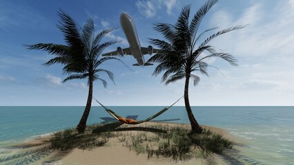 Hammock on a tropical beach under coconut palms during takeoff of a passenger plane 3d render.