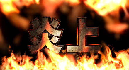 炎に包まれた背景に金属質感で3D文字炎上　SNS炎上のイメージ