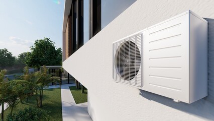 Air conditioner on the wall of the house close-up, 3d render.