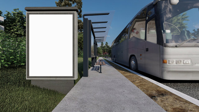 Bus at the bus stop, advertising billboard close-up, 3d render.