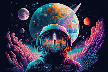 Generative AI, Psychedelic Space banner template, nostalgic 80s, 90s background. Horizontal illustration of the future landscape with mountains, planets, trees, moon. Surrealist escapism concept.	
 - obrazy, fototapety, plakaty