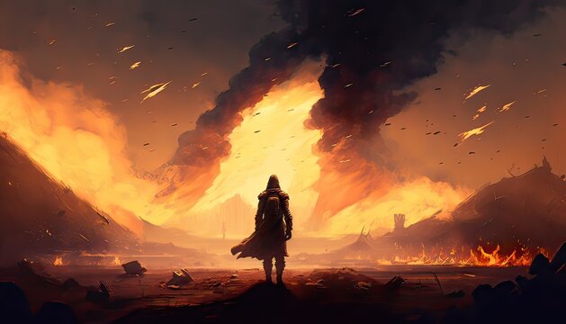 Goblin king leading his army to conquer the world. The background is a scorched battlefield filled with fire and smoke. Illustration fantasy by generative IA