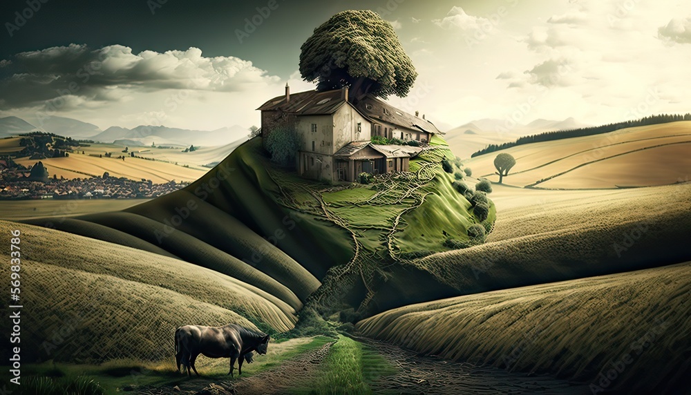 Poster rolling countryside dotted with farms and homesteads. illustration fantasy by generative ia - Posters